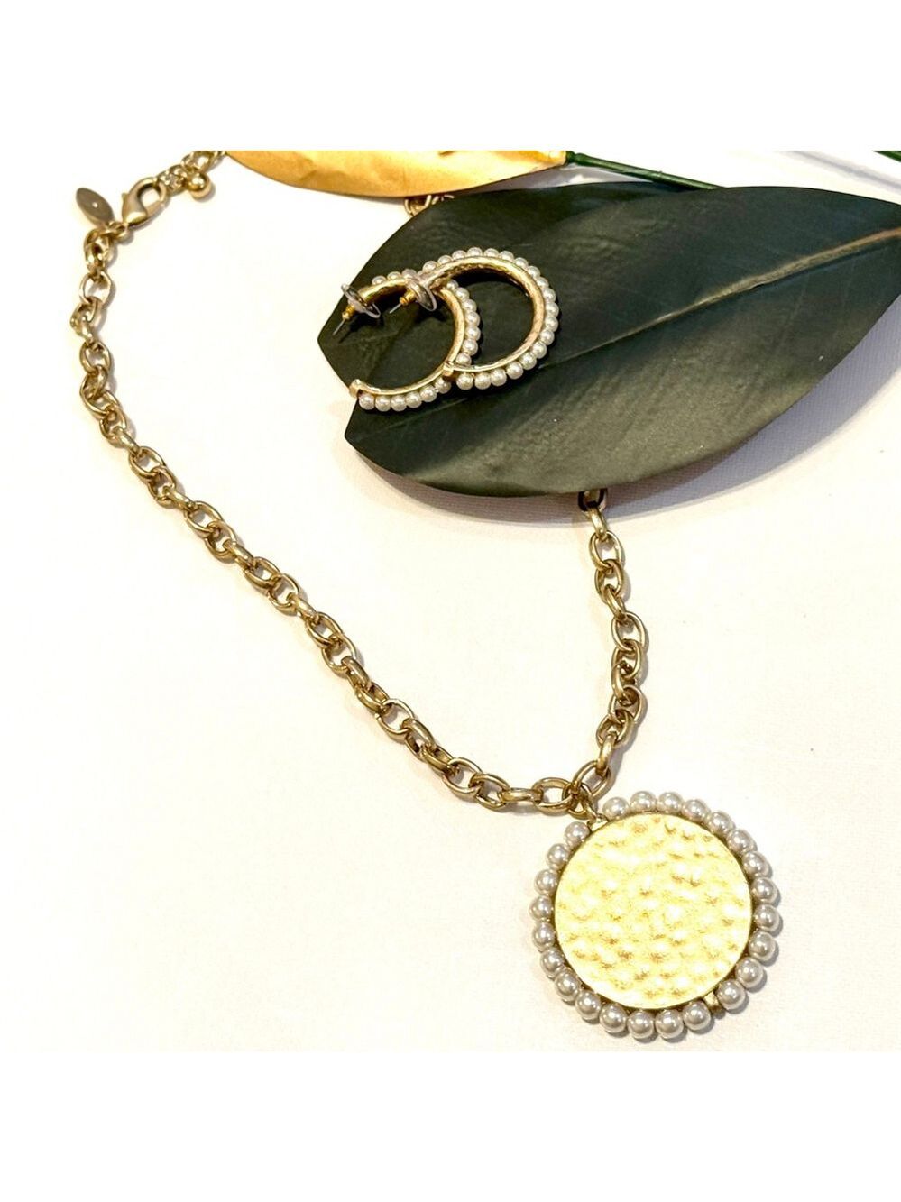 CHICO’S Gold Pearl-lined Medallion Necklace + Earrings Set | NWOT